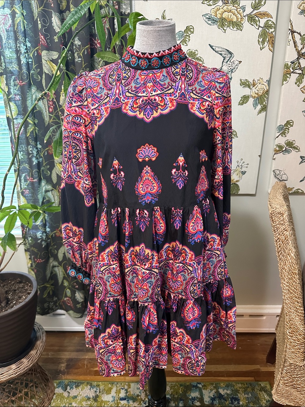 NWT Anthropologie Mini Dress Beaded Neck‎ & Cuffs Black Motif Boho Size 8